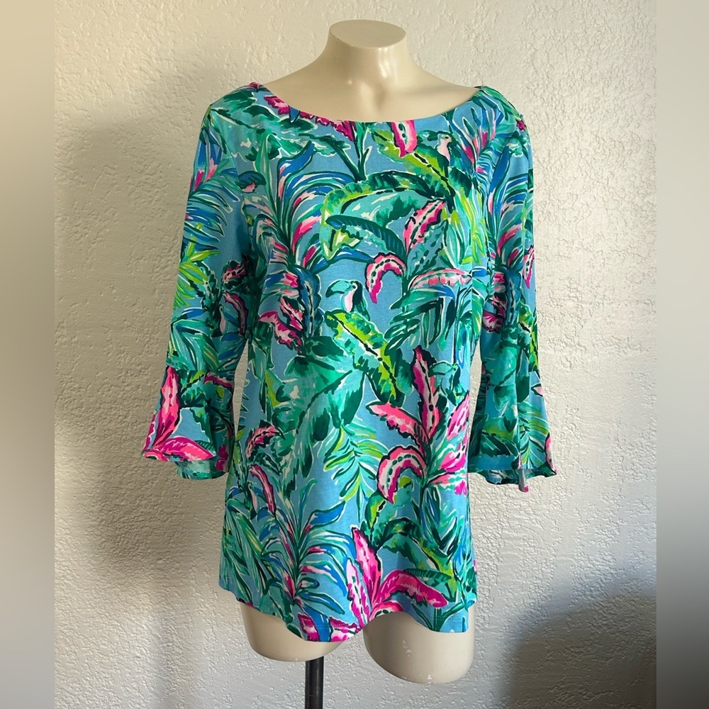 Lilly Pulitzer Porto Blue Fontaine Tropical Toucan Floral Top LARGE NWOT - Picture 3 of 15